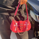 Y2K Metal Chain Rose Red Shoulder Bag
