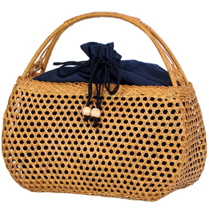 Bohemian Bamboo Beach Bag Vintage Rattan Knitted Basket Tote
