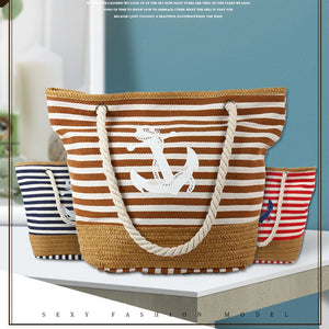 Women Beach Bag Canvas Travel Tote Bag Large Shoulder Bag Anchor Pattern