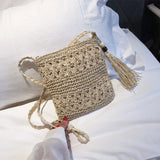 Women Straw Shoulder Bag Tassel Boho Crossbody Handbag Macrame Purse