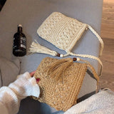 Boho Woven Straw Shoulder Bag with Tassel