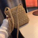 Boho Woven Straw Shoulder Bag with Tassel