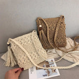 Boho Woven Straw Shoulder Bag with Tassel