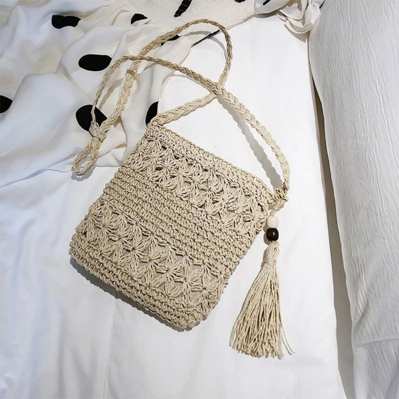 Boho Woven Straw Shoulder Bag with Tassel