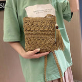 Women Straw Shoulder Bag Tassel Boho Crossbody Handbag Macrame Purse