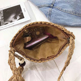 Boho Woven Straw Shoulder Bag with Tassel