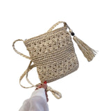 Women Straw Shoulder Bag Tassel Boho Crossbody Handbag Macrame Purse
