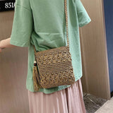 Boho Woven Straw Shoulder Bag with Tassel