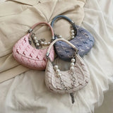 Women Bead Chains Leather Shoulder Bag Preppy Style Crossbody Small Bag