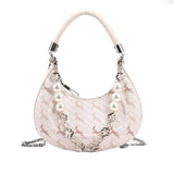 Women Bead Chains Leather Shoulder Bag Preppy Style Crossbody Small Bag