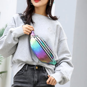 Women Holographic Fanny Pack Belt Pouch PU Waist Bag