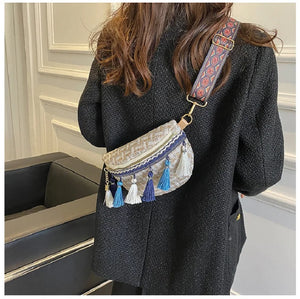 Women Plaid Fringe Waist Bag Ethnic Macrame Fanny Pack