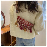 Women Plaid Fringe Waist Bag Ethnic Macrame Fanny Pack