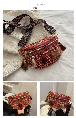 Women Plaid Fringe Waist Bag Ethnic Macrame Fanny Pack