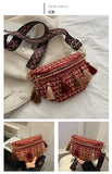 Women Plaid Fringe Waist Bag Ethnic Macrame Fanny Pack