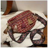 Women Plaid Fringe Waist Bag Ethnic Macrame Fanny Pack