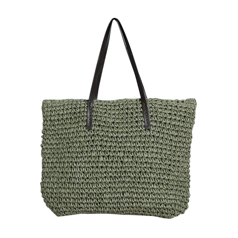 Bohemian Straw Tote Bag with Faux Leather Handle