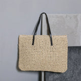 Bohemian Straw Tote Bag with Faux Leather Handle