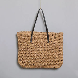 Boho Vintage Straw Tote Bag with Leather Handle Zipper Closure