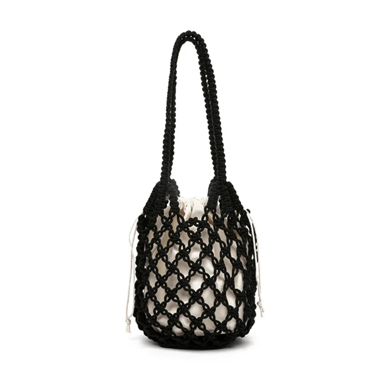 Bohemian Woven Shoulder Bag, Lightweight Bucket Purse with Long Handle