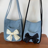 Women Bow Canvas Shopper Bag French Bow Denim Armpit Shoulder Bag
