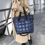 Women Shoulder Bag Check Fluffy Nylon Tote Bag Winter Warm