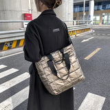 Women Shoulder Bag Check Fluffy Nylon Tote Bag Winter Warm