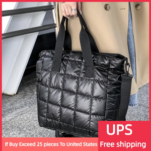 Women Shoulder Bag Check Fluffy Nylon Tote Bag Winter Warm