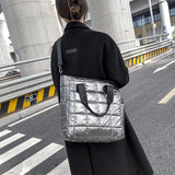 Women Shoulder Bag Check Fluffy Nylon Tote Bag Winter Warm