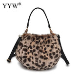 Leopard Print Bucket Bag Plush Shoulder Tote Crossbody Winter Handbag