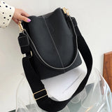 Women Bucket Bag PU Leather Solid Shoulder Bag Ladies Crossbody Bags Wide Strap