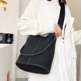 Women Bucket Bag PU Leather Solid Shoulder Bag Ladies Crossbody Bags Wide Strap