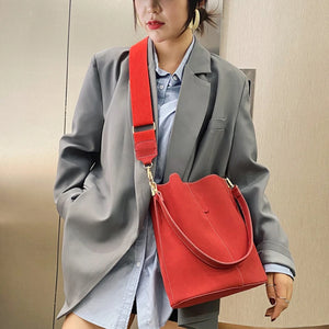 Women Bucket Bag PU Leather Solid Shoulder Bag Ladies Crossbody Bags Wide Strap