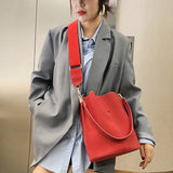 Women Bucket Bag PU Leather Solid Shoulder Bag Ladies Crossbody Bags Wide Strap