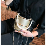 Women Bucket Bags Pearls Beaded Handle Chain Shoulder Crossbody Bags