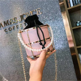 Women Bucket Bags Pearls Beaded Handle Chain Shoulder Crossbody Bags