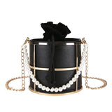 Women Bucket Bags Pearls Beaded Handle Chain Shoulder Crossbody Bags