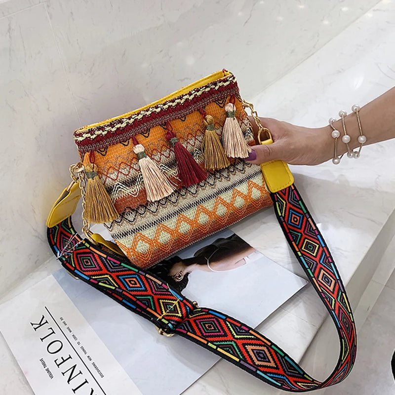 Women Bucket Shoulder Bag Vintage Ethnic Summer Tassel Ladies Crossbody Handbag