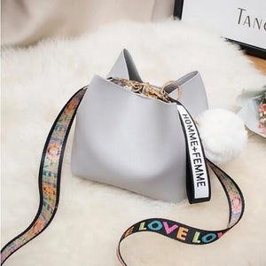 Women Buckets Bag Colorful Strap PU Leather Shoulder Bag