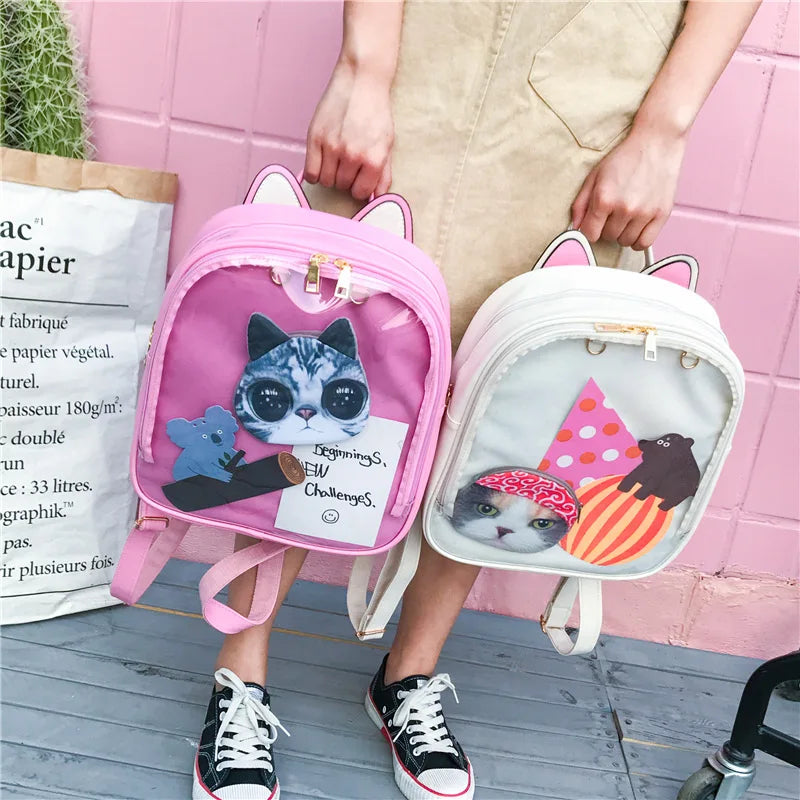 Women Candy Cat Ita Bag Clear Transparent Backpack School Bags