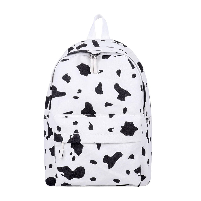 Women Canvas Backpack Cow Milk Print Classic Girls Daily Shoulder School Bag
