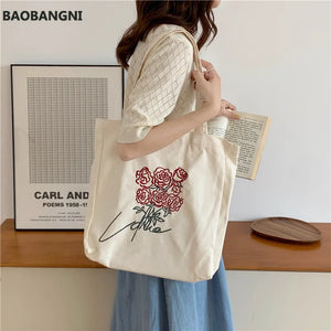 Embroidery Rose Tote Cotton Cloth Handbag Large Capacity Shoulder Bag
