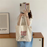 Embroidery Rose Tote Canvas Bag Large Capacity Shoulder Handbag Vintage