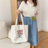 Embroidery Rose Tote Canvas Bag Large Capacity Shoulder Handbag Vintage