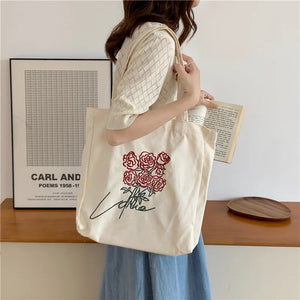 Embroidery Rose Tote Canvas Bag Large Capacity Shoulder Handbag Vintage