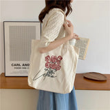 Embroidery Rose Tote Canvas Bag Large Capacity Shoulder Handbag Vintage
