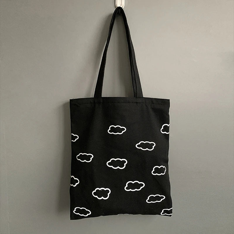 Clouds Print Canvas Tote Shopping Bag for Women Girls Zipper Closure