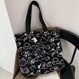 Japanese Style Cat Dog Tote Bag Hand Painted Canvas Shopper Zipper Shoulder Bags