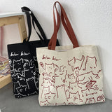 Japanese Style Cat Dog Tote Bag Hand Painted Canvas Shopper Zipper Shoulder Bags