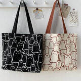 Japanese Style Cat Dog Tote Bag Hand Painted Canvas Shopper Zipper Shoulder Bags